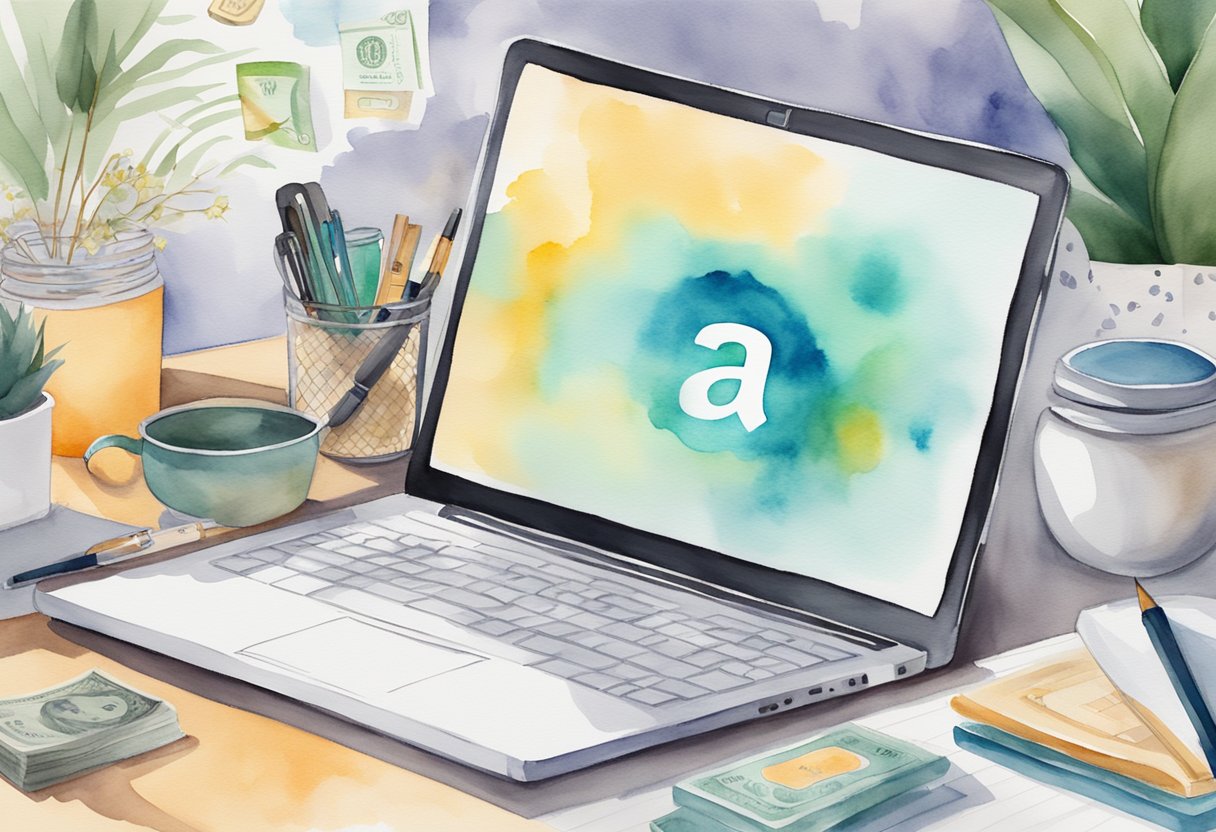 A laptop displaying the Amazon website with a highlighted section on the Amazon Influencer Program, surrounded by various products and a dollar sign symbolizing making money without selling