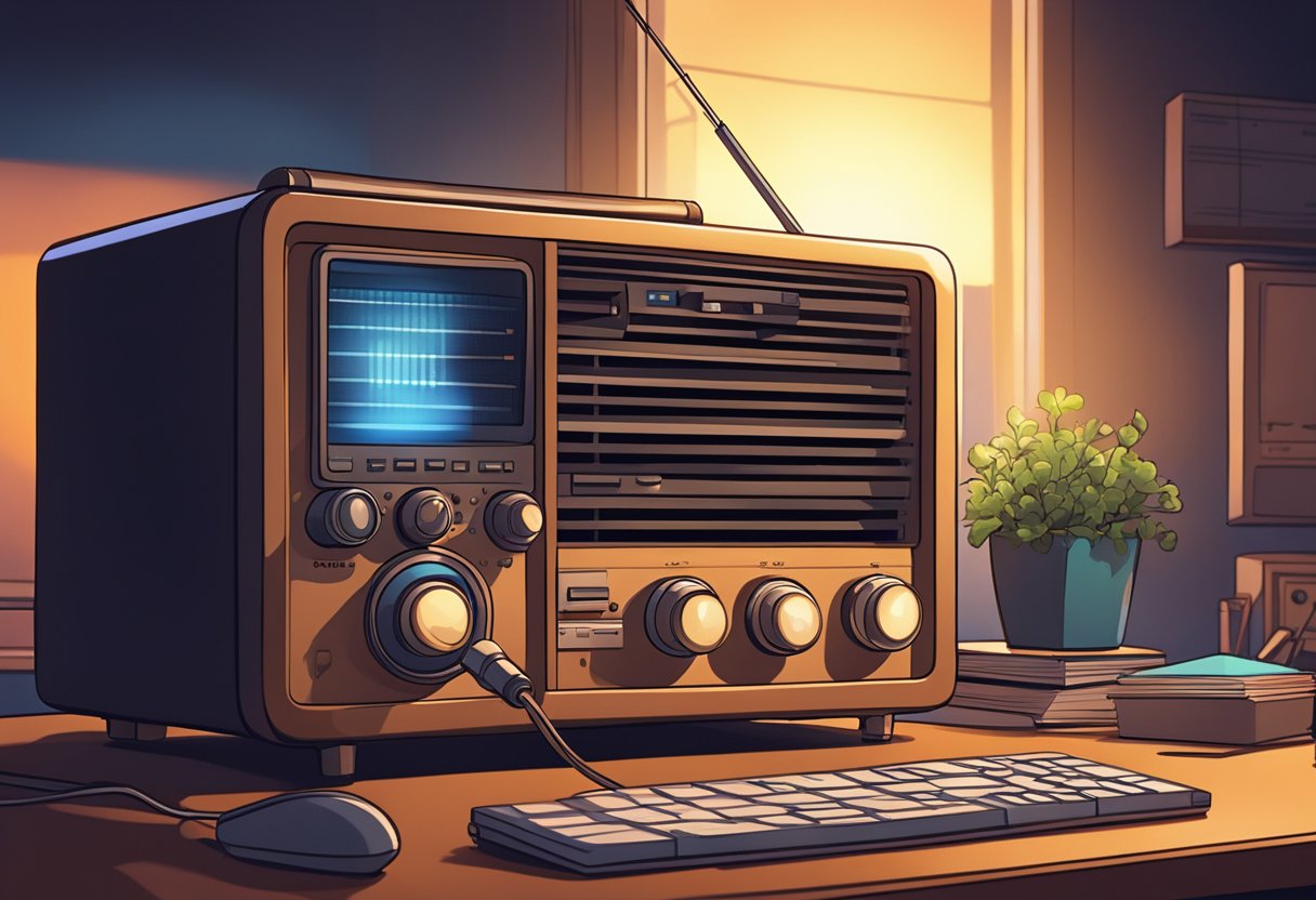A radio sits on a desk, emitting static as it picks up a conversation. The room is dimly lit, with the glow of the radio illuminating the surrounding area