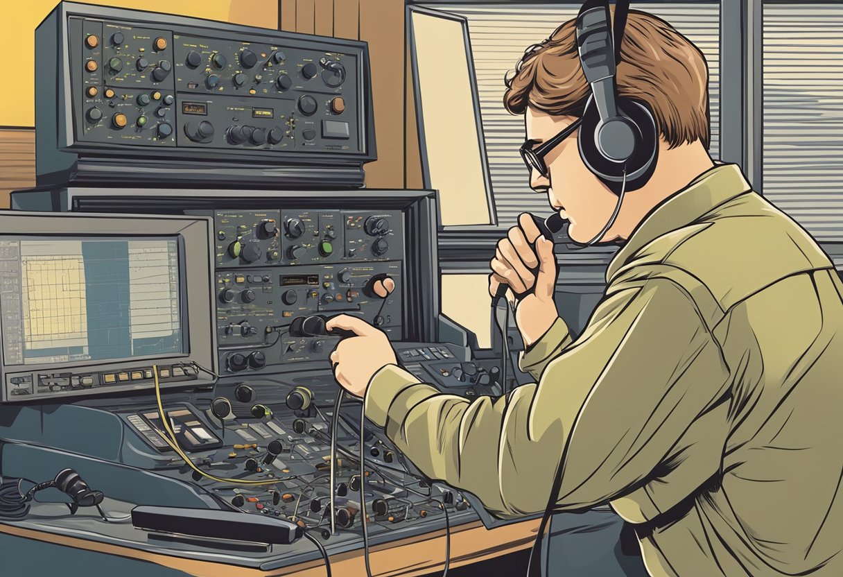 A ham radio operator adjusts dials and speaks into a microphone, while signals transmit and receive on the radio equipment