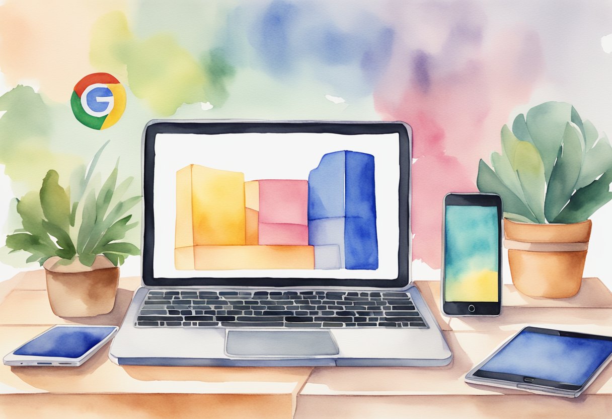 A laptop, tablet, and smartphone arranged in a stack with the Google logo visible on each device