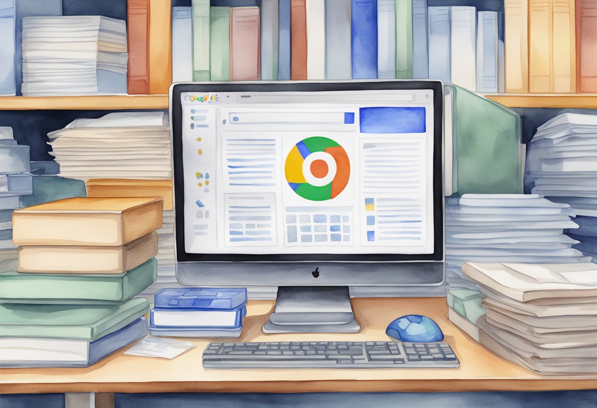 A computer with a Google Stack interface open on the screen, surrounded by various documents and files being organized and stacked together