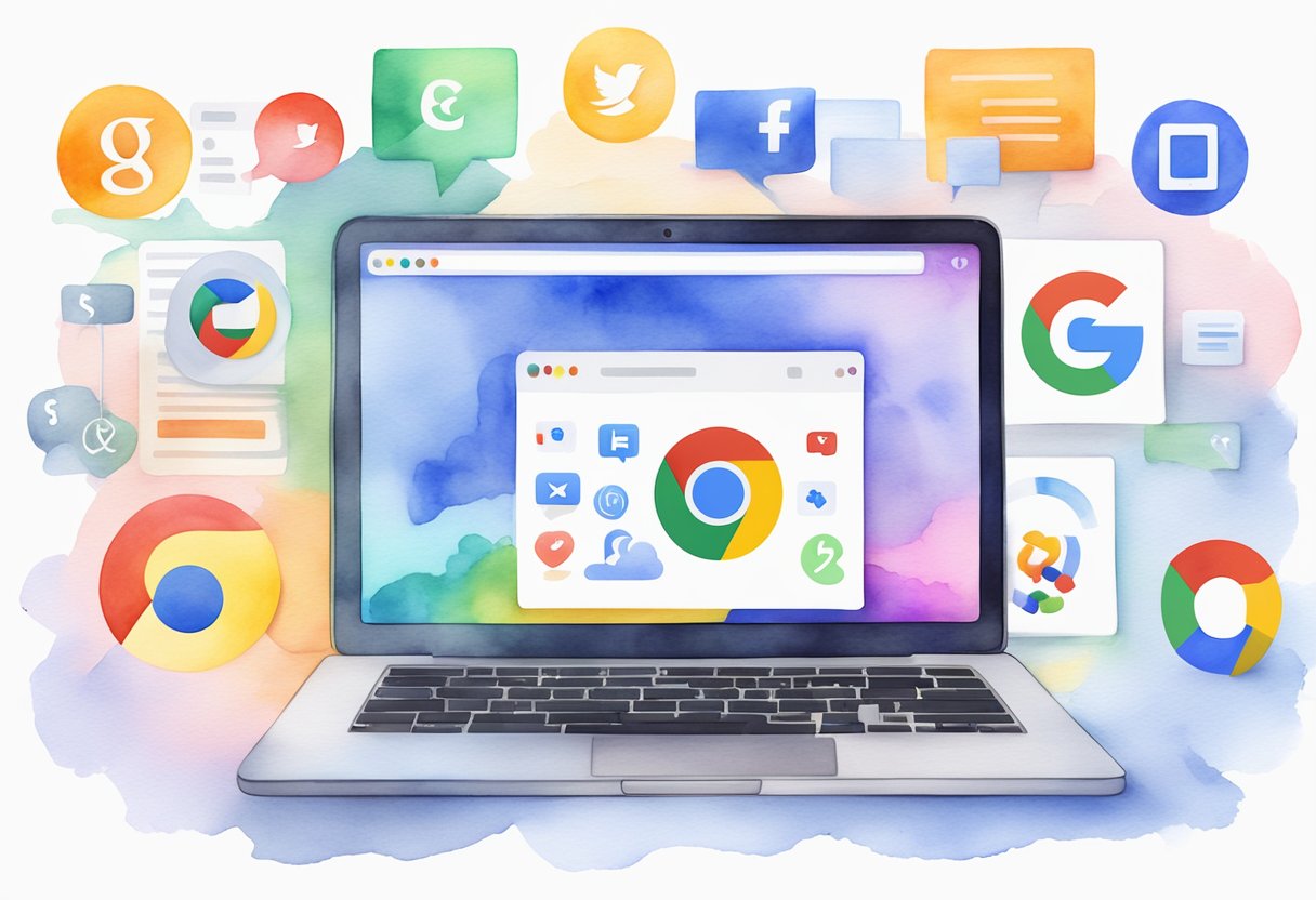 A laptop displaying Google search results stacked with various websites, icons of social media platforms, and a glowing chart of increased web traffic