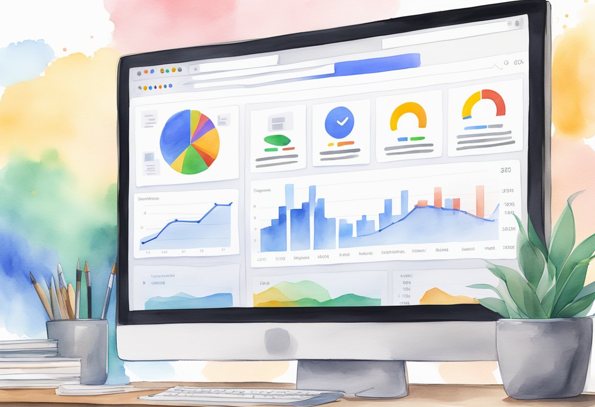 A computer screen displaying Google search results with stacked websites and analytics charts in the background