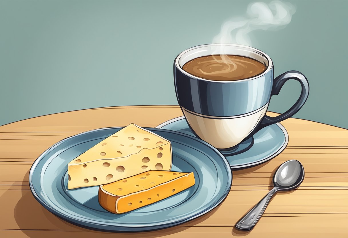 A table with a steaming cup of coffee and a slice of kaffeost, a traditional Scandinavian cheese, on a plate