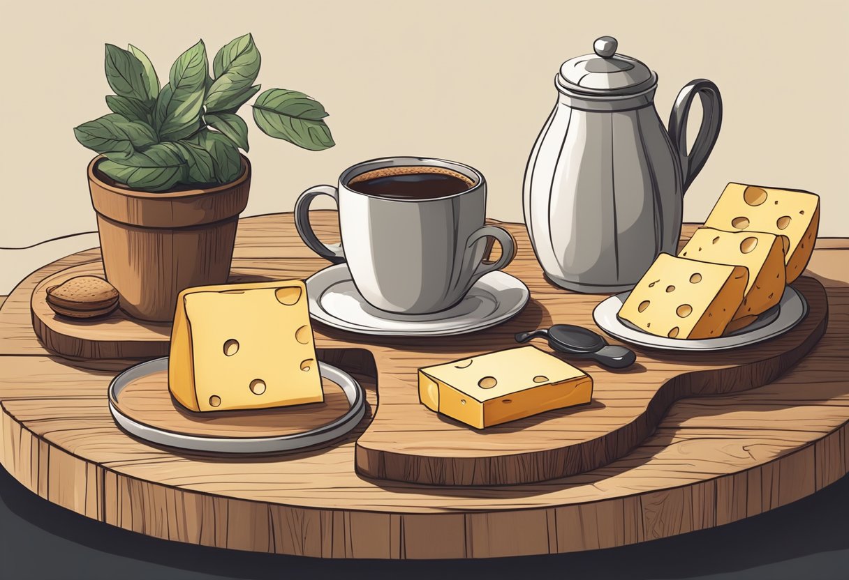A table set with a wooden board, cheese, and a pot of coffee. A mug sits ready for the traditional Scandinavian kaffeost preparation