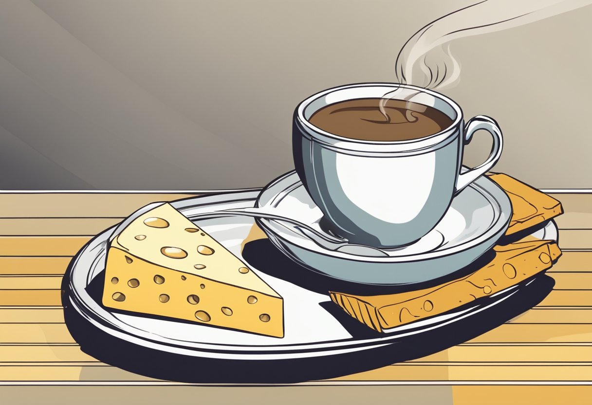 A table is set with a spread of cheese and a steaming cup of coffee. A slice of kaffeost sits on a plate, ready for enjoyment