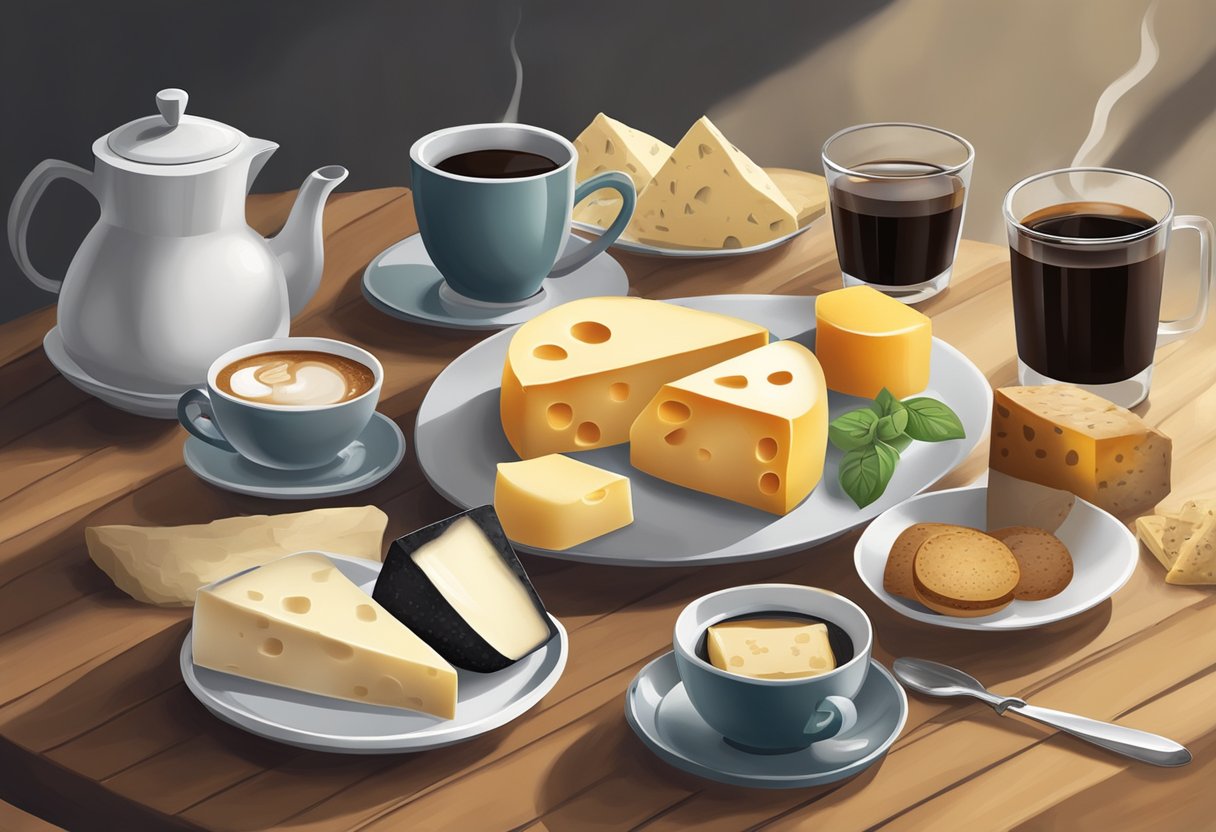 A table set with a variety of regional cheeses and a pot of freshly brewed coffee, with a block of kaffeost, showcasing the Scandinavian tradition