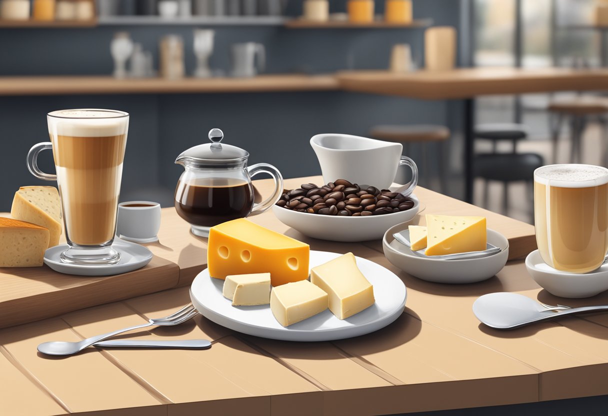 A modern cafe with a display of artisanal cheese and coffee, featuring a traditional Scandinavian kaffeost set-up