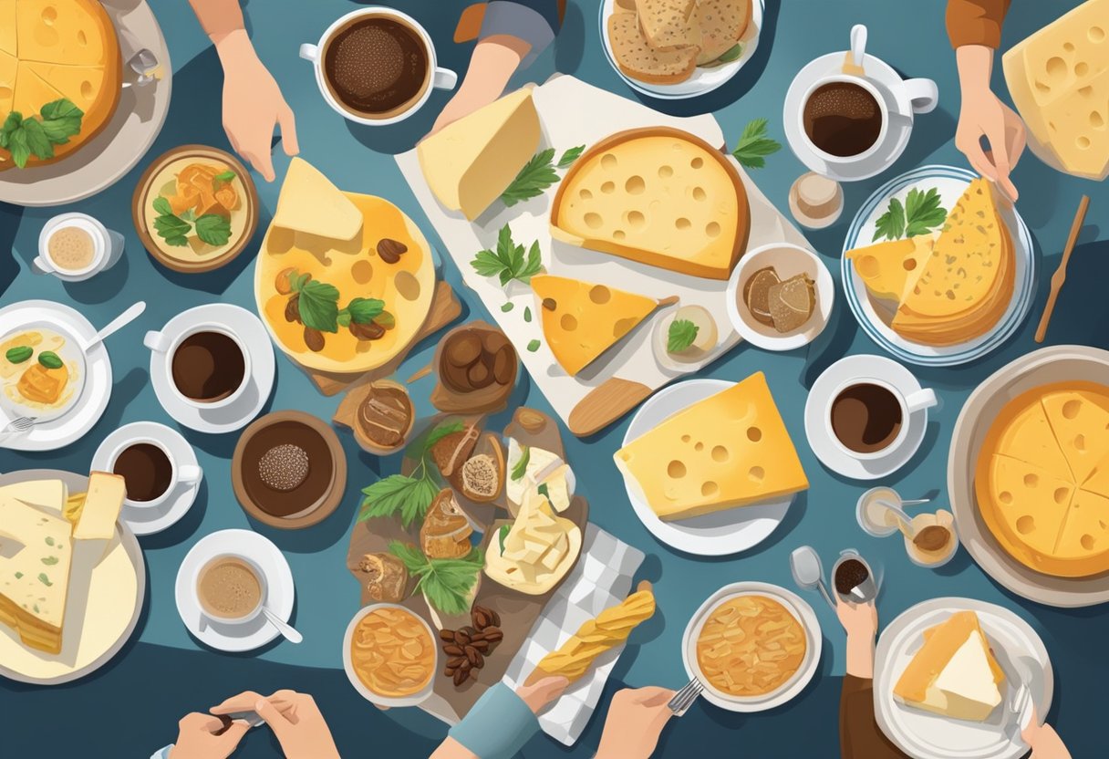 A table with cheese, coffee, and kaffeost, surrounded by people from different cultures enjoying the Scandinavian tradition