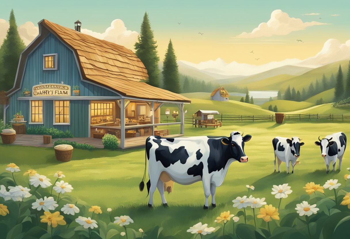 A rustic dairy farm with cows grazing in lush green fields, surrounded by a cozy coffee shop serving locally produced cheese and kaffeost, capturing the essence of Scandinavian tradition