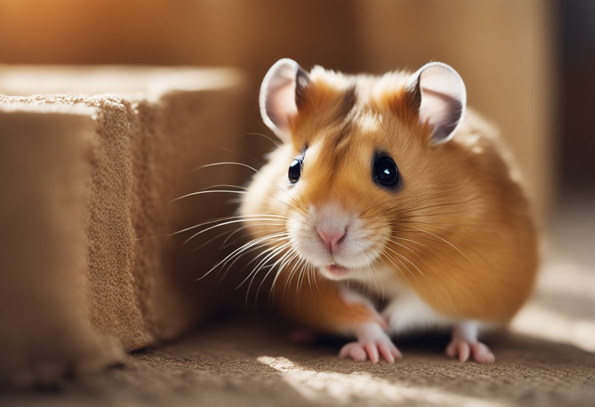 A hamster cowers in a corner, ears flattened, as a loud, high-pitched noise fills the room