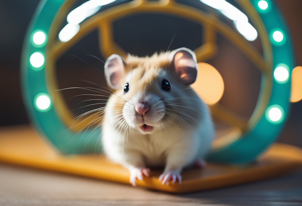 A hamster covers its ears as it sits next to a noisy wheel and squeaky toy
