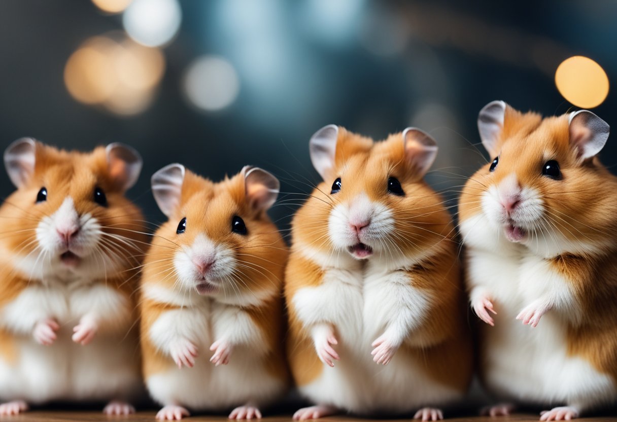 A group of hamsters cover their ears and scowl as loud, jarring noises assault their sensitive ears
