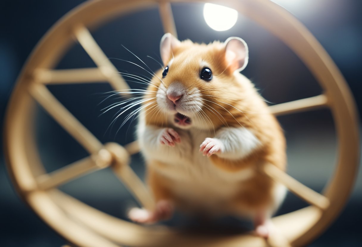 A hamster running on a wheel with a "no" symbol over a hand reaching into its cage