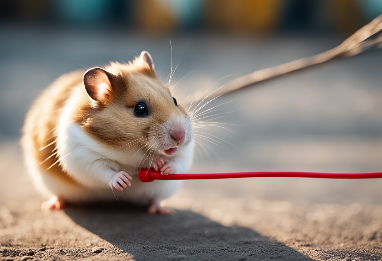 A hamster chewing on a wire or electrical cord, with a red "X" over it