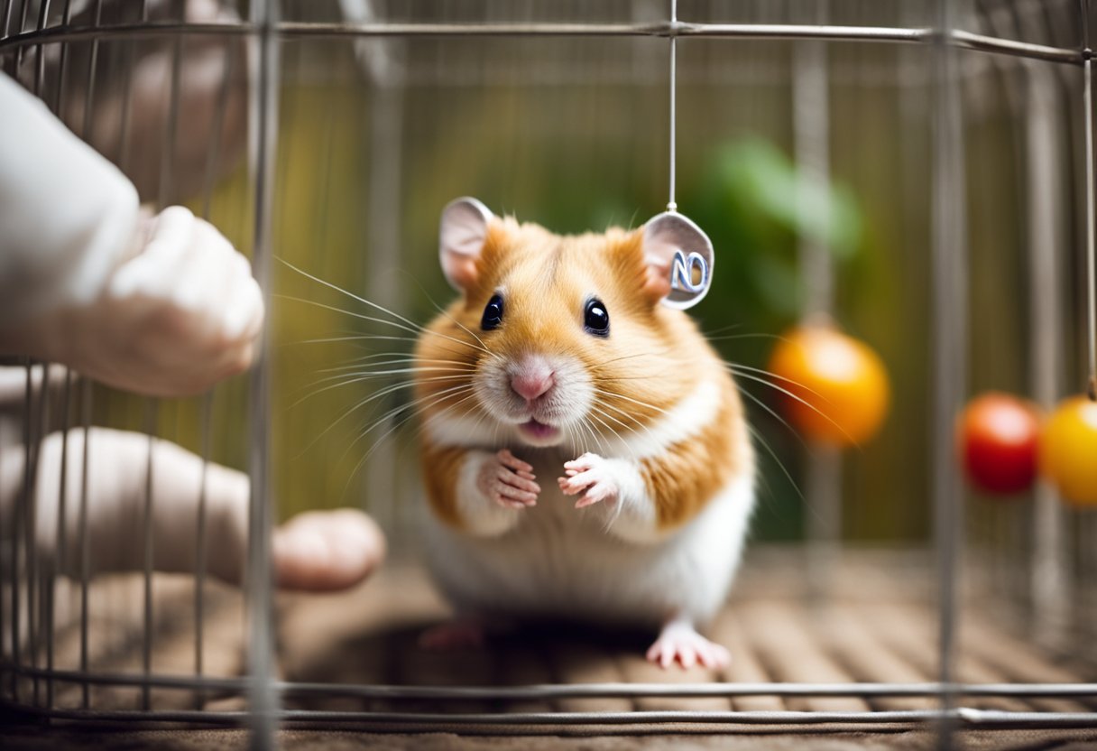 A hamster inside a cage with a clear "no" symbol over a hand offering food