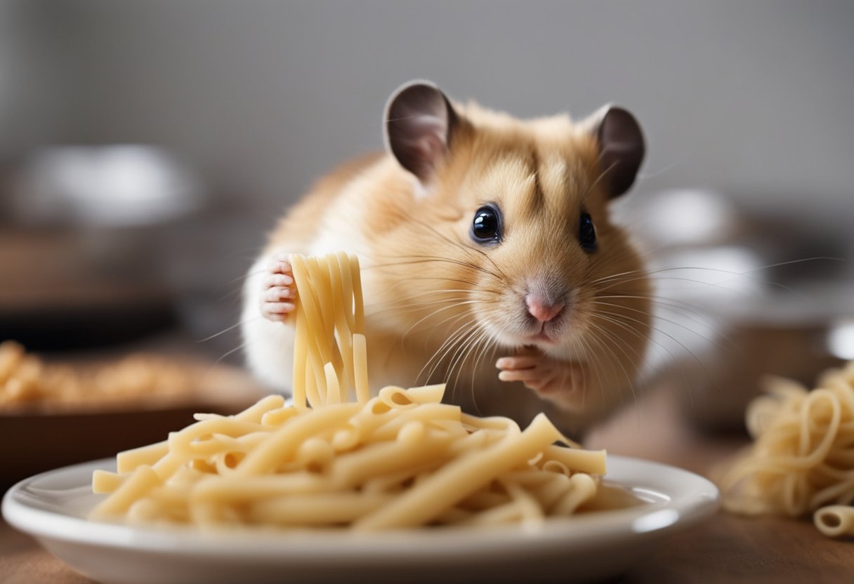 A hamster nibbles on a small pile of cooked pasta, its tiny paws holding the noodles as it chews