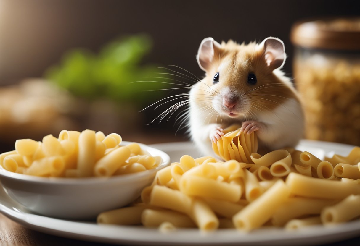 A hamster sits near a bowl of pasta, nibbling on a piece