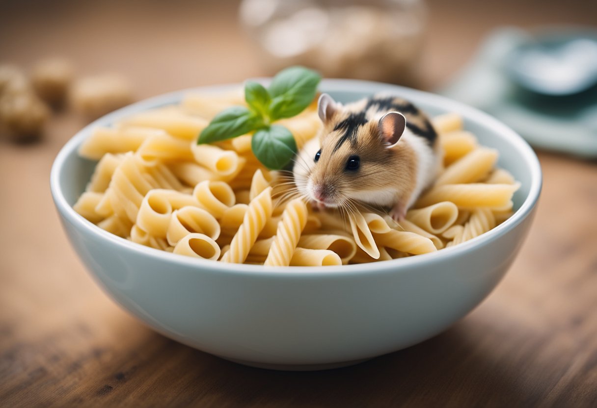 A bowl of pasta with hamsters sniffing and nibbling