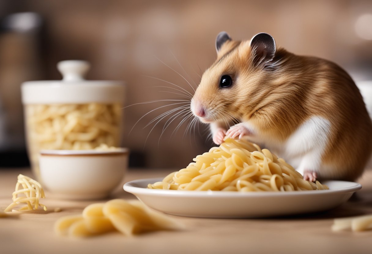 A hamster sits near a small bowl of cooked pasta, sniffing it curiously. The hamster's whiskers twitch as it investigates the food