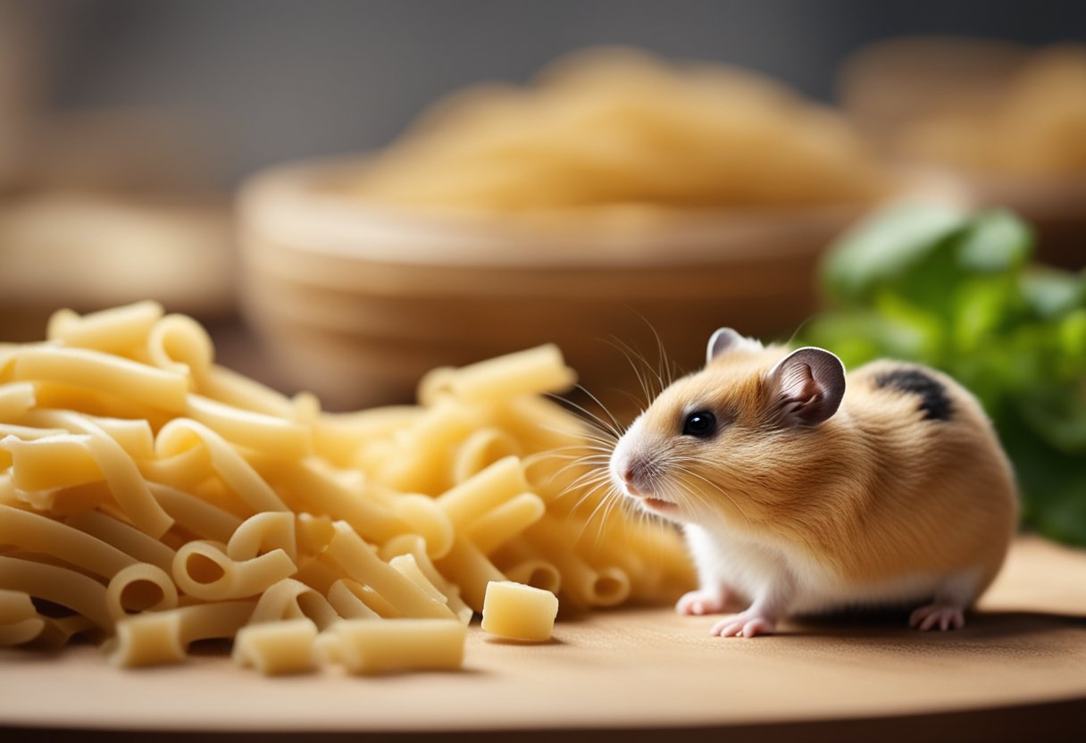 A hamster nibbles on a small pile of cooked pasta, looking content and satisfied