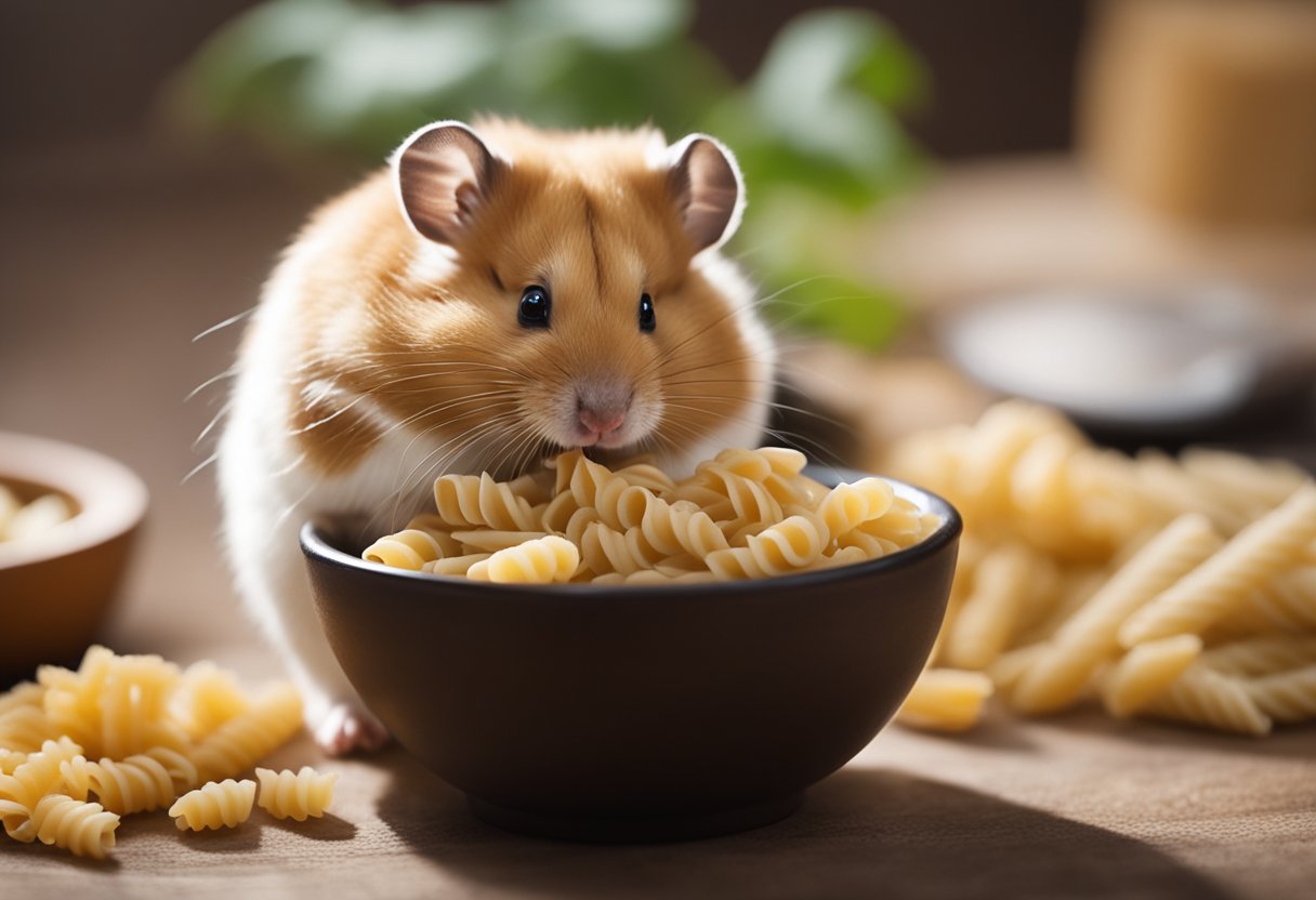 A hamster sits near a bowl of pasta, sniffing it with curiosity