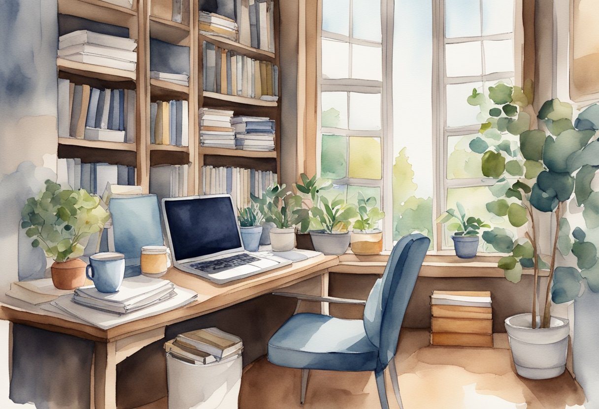 A cozy home office with a laptop, notebooks, pens, and a mug of coffee. A bookshelf filled with reference materials and a window letting in natural light