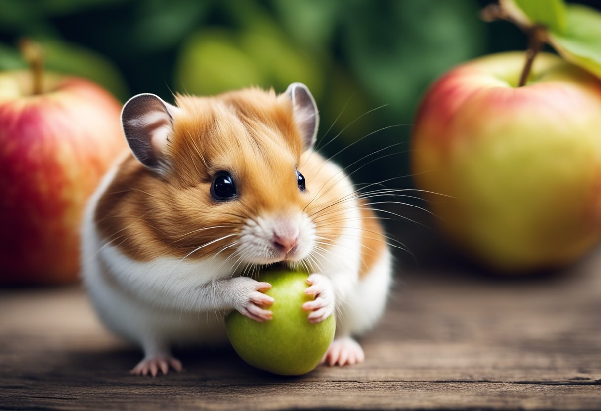 A hamster eagerly nibbles on a fresh apple, its tiny paws holding the fruit steady as it takes small bites