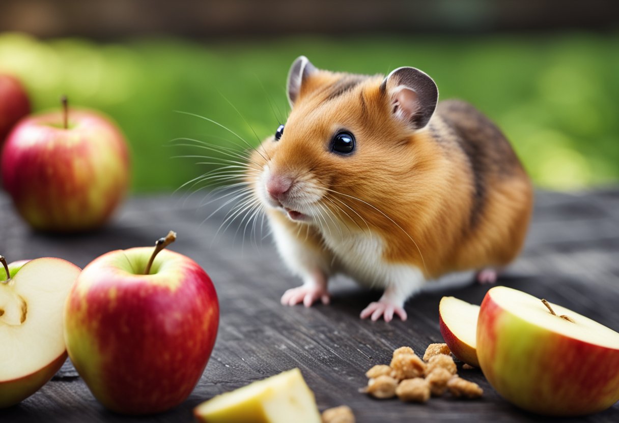 A hamster eagerly nibbles on a slice of apple, while a caution sign with crossed-out apple sits nearby