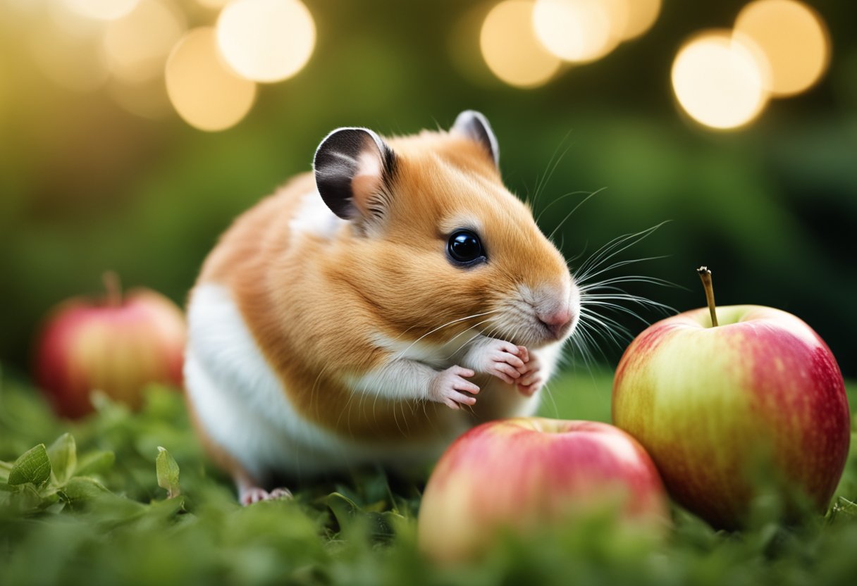 A hamster sits next to an apple, sniffing it with curiosity