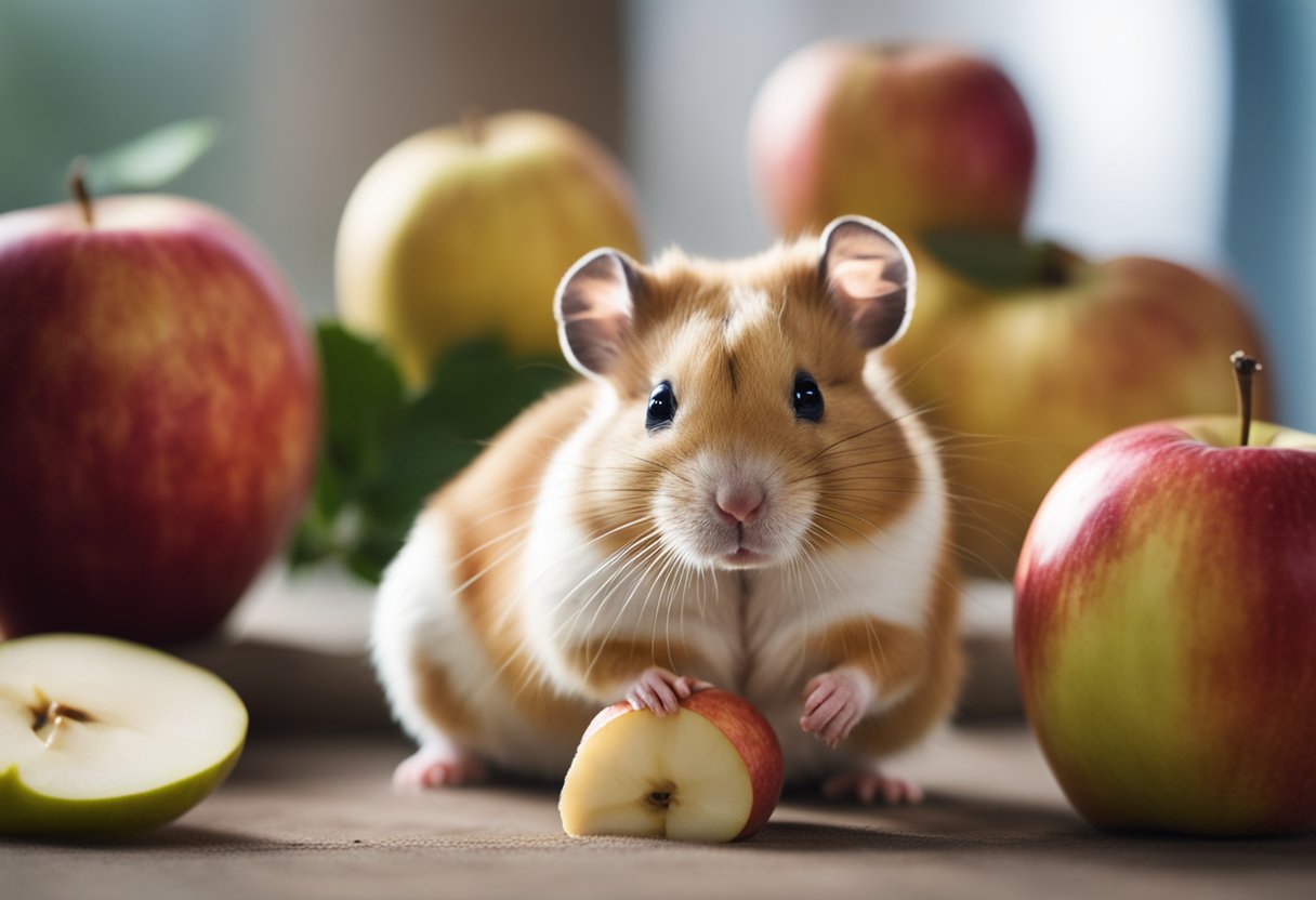 A hamster sits near an apple, looking curious