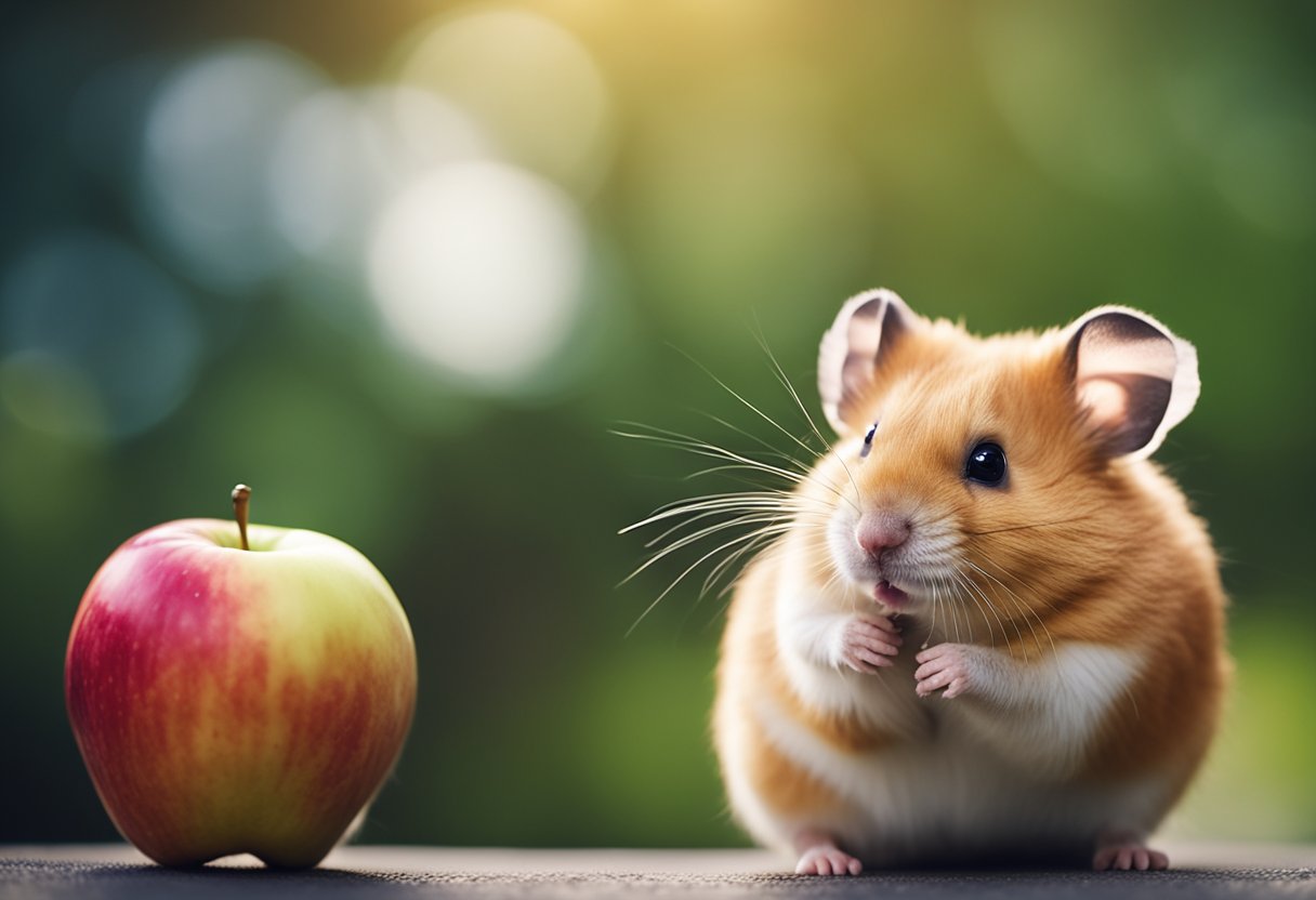 A hamster sits beside a juicy apple, with a question mark hovering above its head