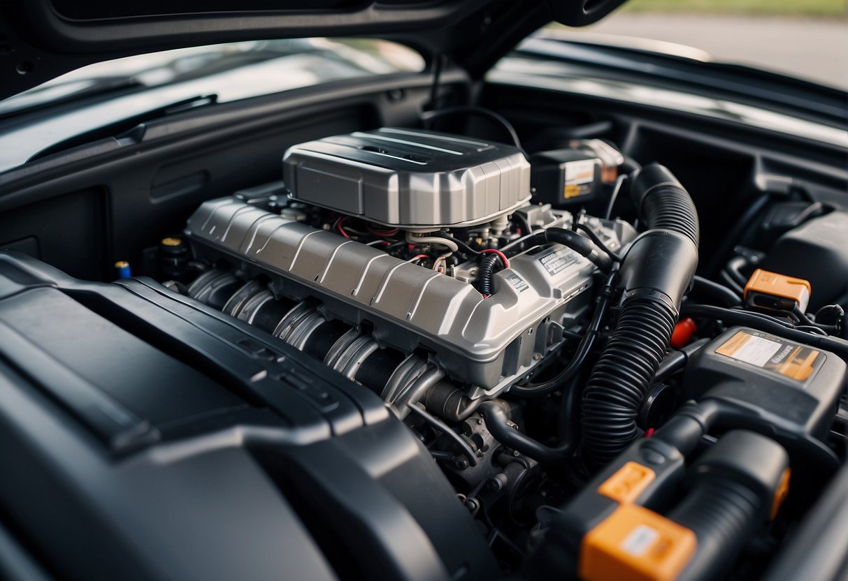 A car with a hood open, showing a battery and engine, while the car vibrates and shakes with a rough idle