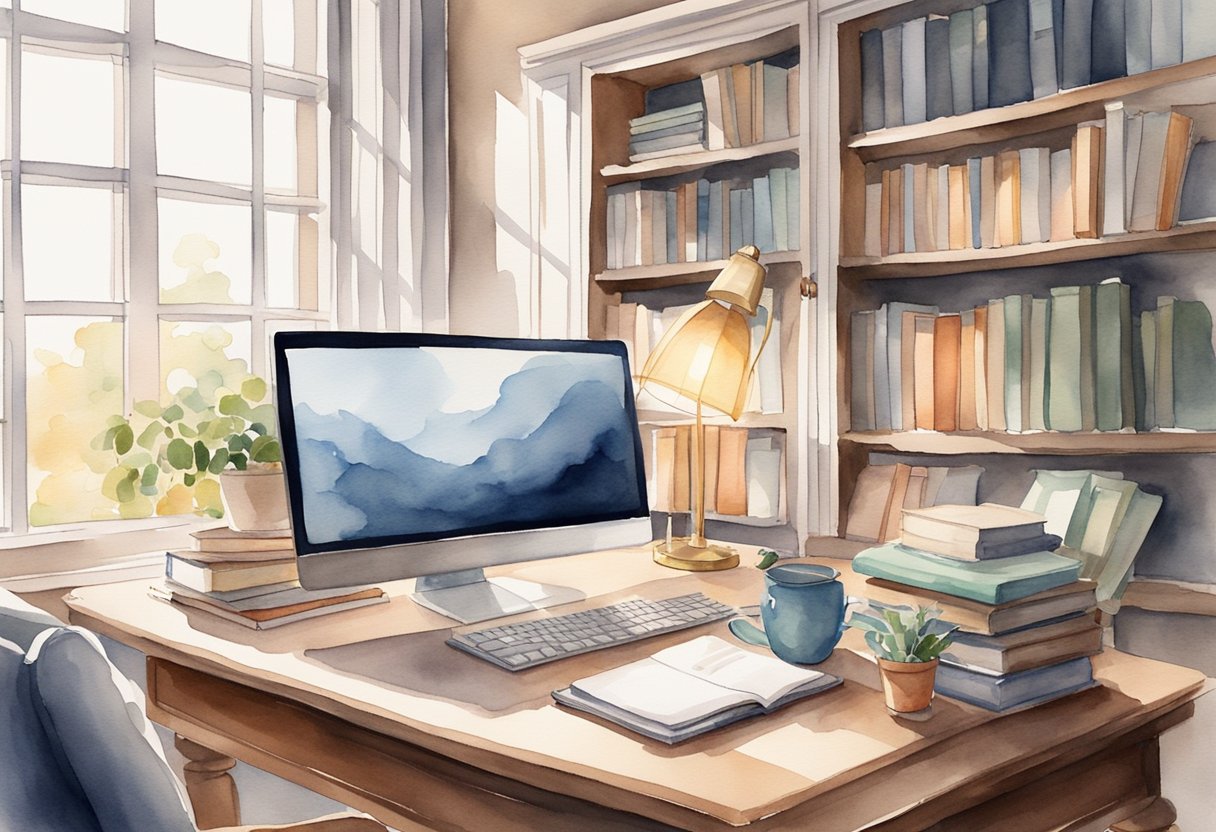 A cozy home office with a desk, computer, and inspirational books. Natural light streams in through the window, creating a warm and inviting atmosphere