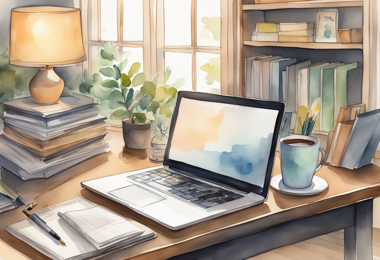 A laptop with a blank screen sits on a desk, surrounded by notebooks, pens, and a cup of coffee. A cozy home office with warm lighting and a bookshelf filled with writing guides