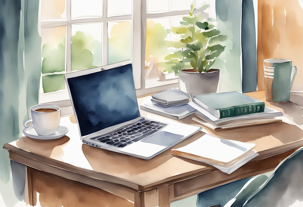 A cozy home office with a laptop, notebook, and pen. A stack of marketing books and a mug of coffee sit on the desk. A bright window lets in natural light