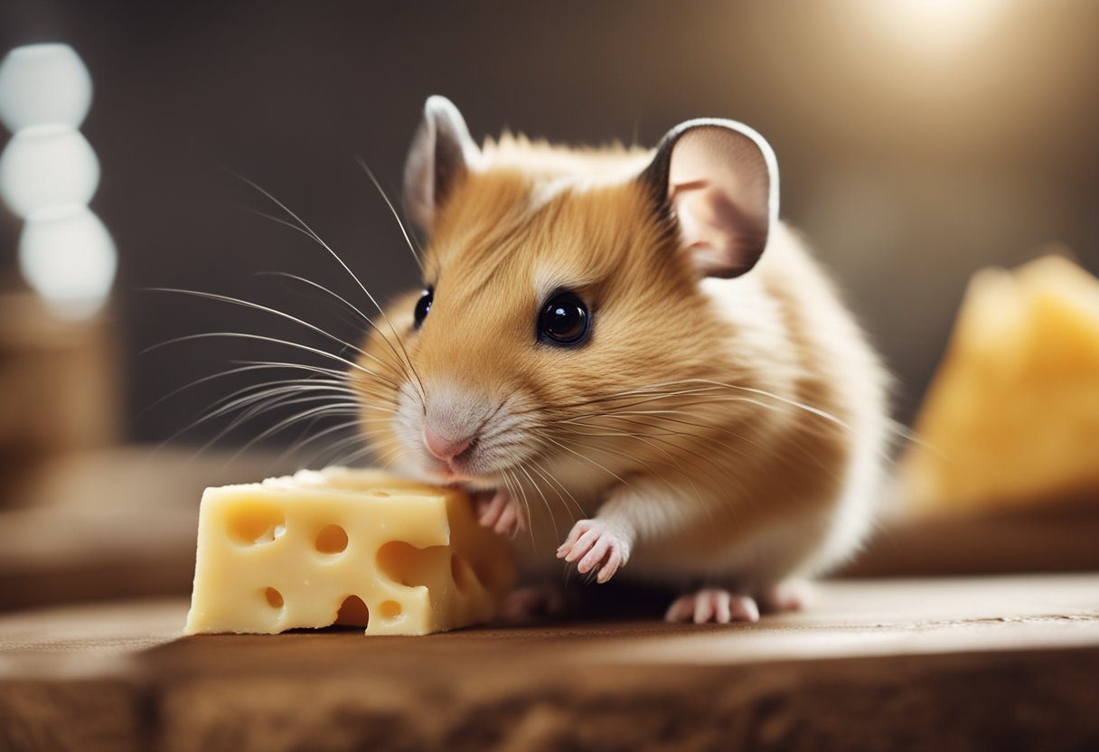 A hamster sniffs a piece of cheese, its whiskers twitching with curiosity