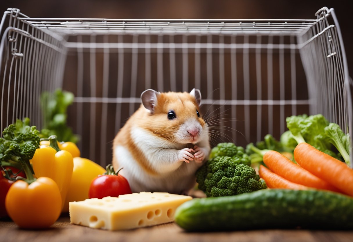 A hamster sits in its cage, eagerly nibbling on a piece of cheese, while a pile of fresh vegetables and seeds sits untouched in the corner