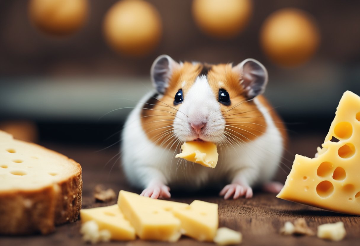 A group of curious hamsters surround a piece of cheese, sniffing and nibbling at it with interest