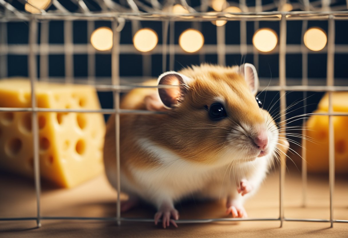 A hamster sitting in its cage, sniffing a piece of cheese with curiosity