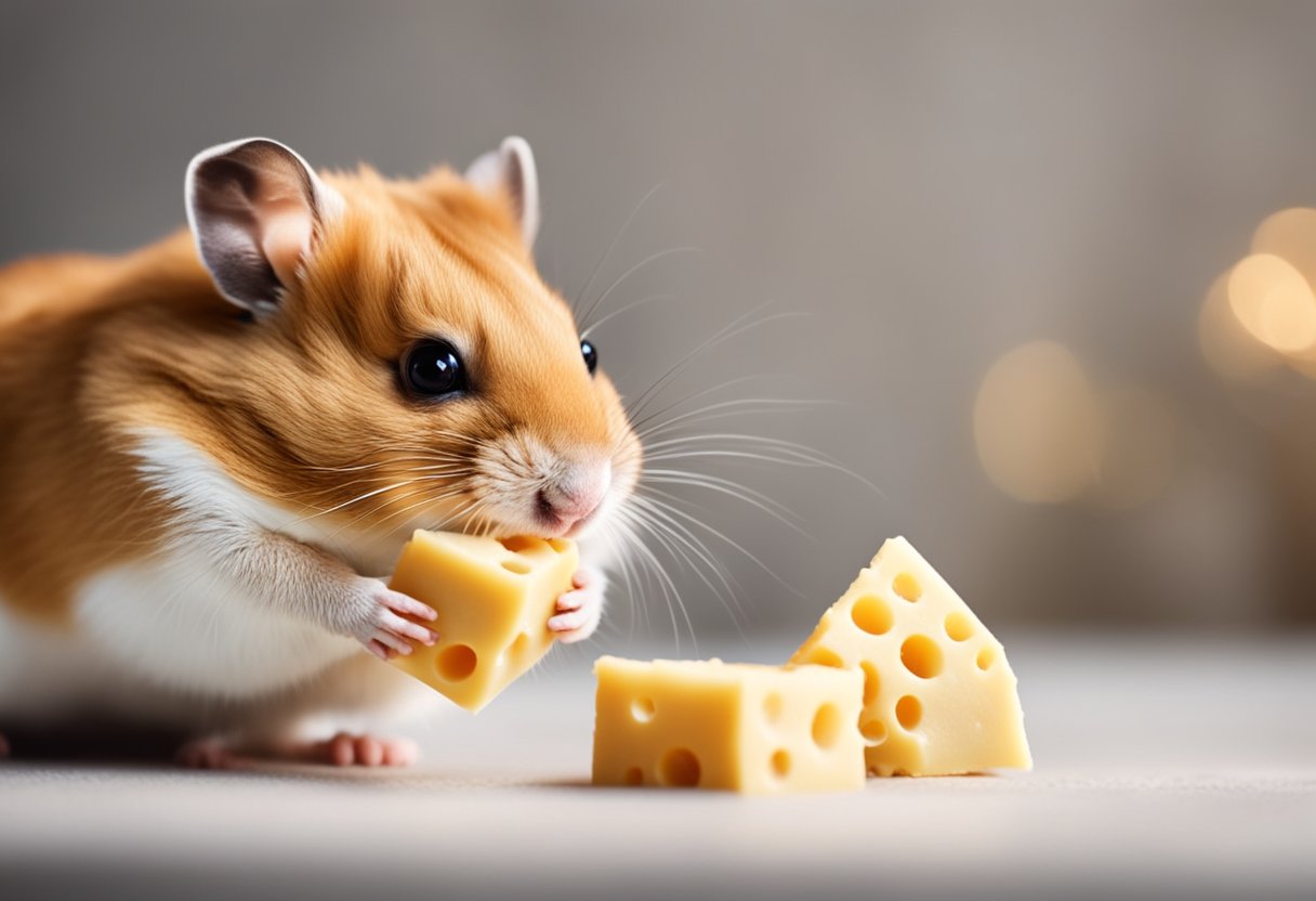A hamster sniffs a block of cheese, its whiskers twitching with curiosity