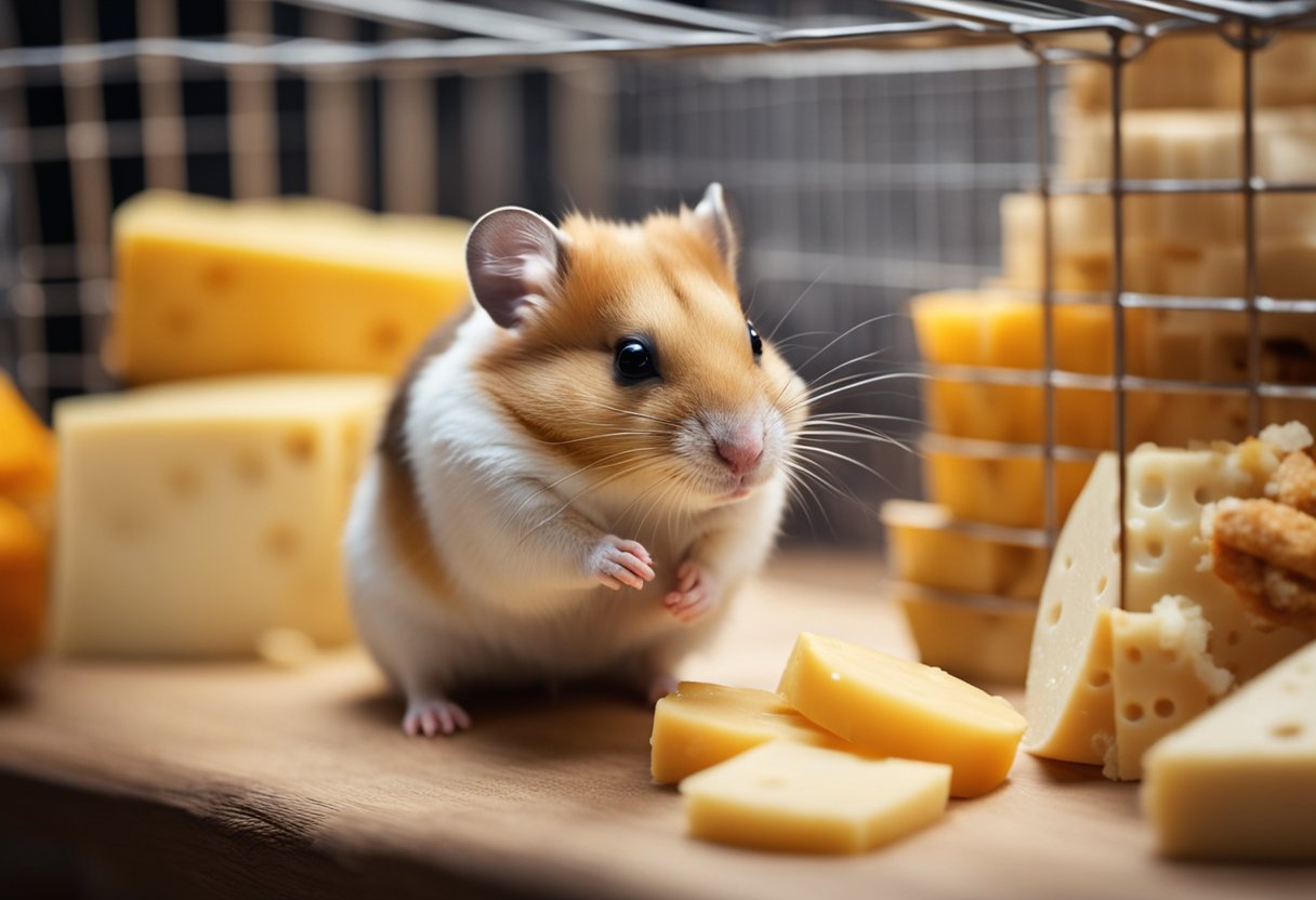 A hamster sits in a cozy cage, surrounded by various food items. It eagerly nibbles on a piece of cheese, its tiny paws holding the treat as it enjoys the snack