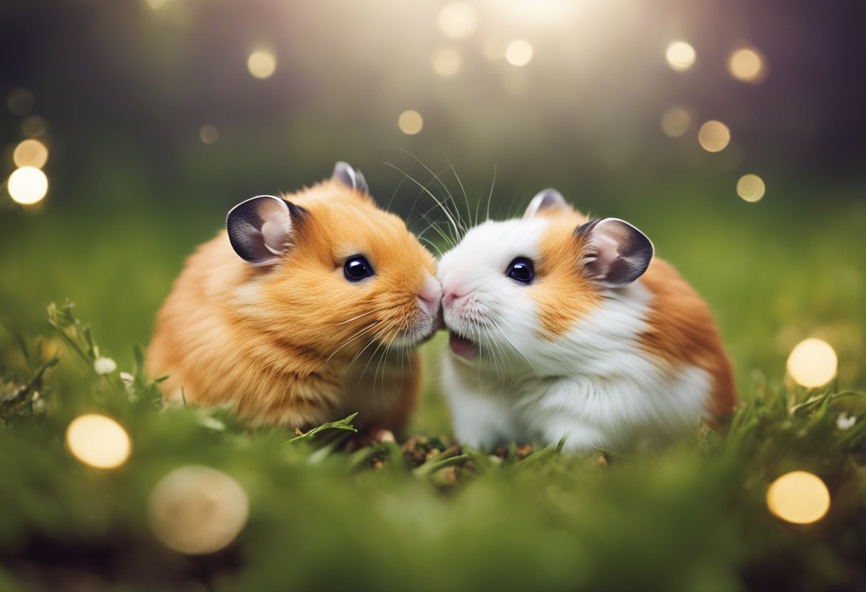 Two hamsters nuzzle each other, their noses touching affectionately. One hamster grooms the other, showing love through gentle grooming