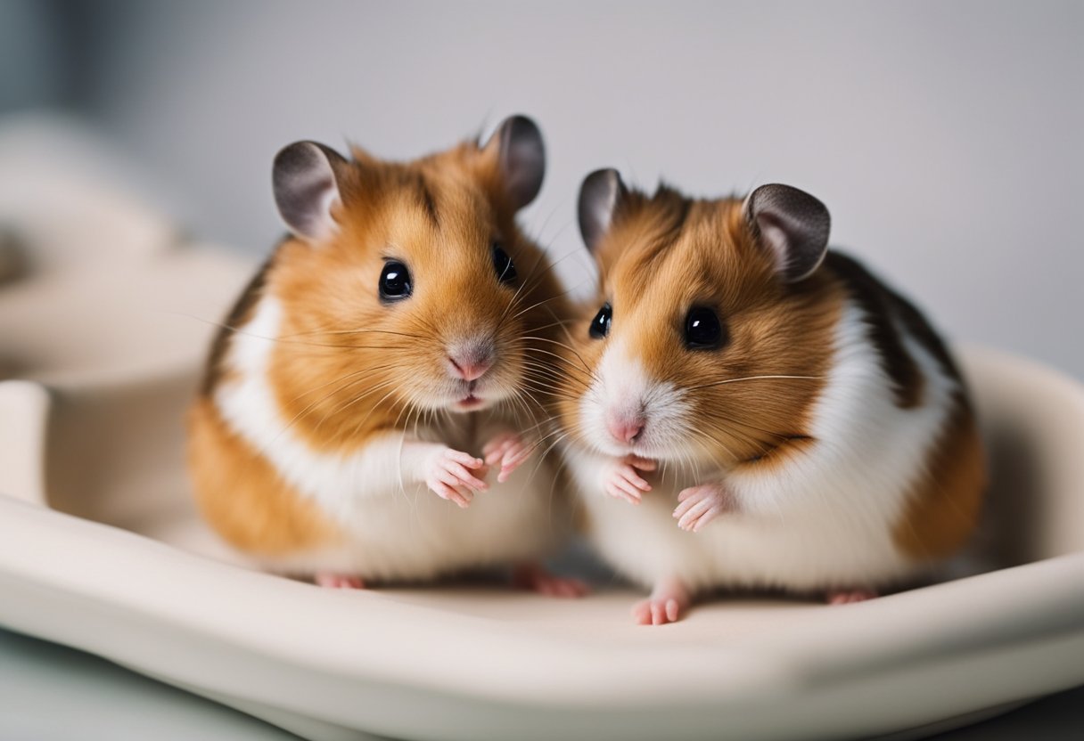 A hamster nuzzles its partner, grooming and cuddling. They share food and play together, showing affection through gentle interactions and close proximity