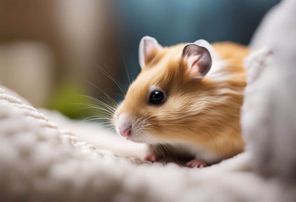 A hamster nuzzles against a toy or piece of bedding, grooming itself and others. It may also approach you with a relaxed body posture, seeking attention and interaction