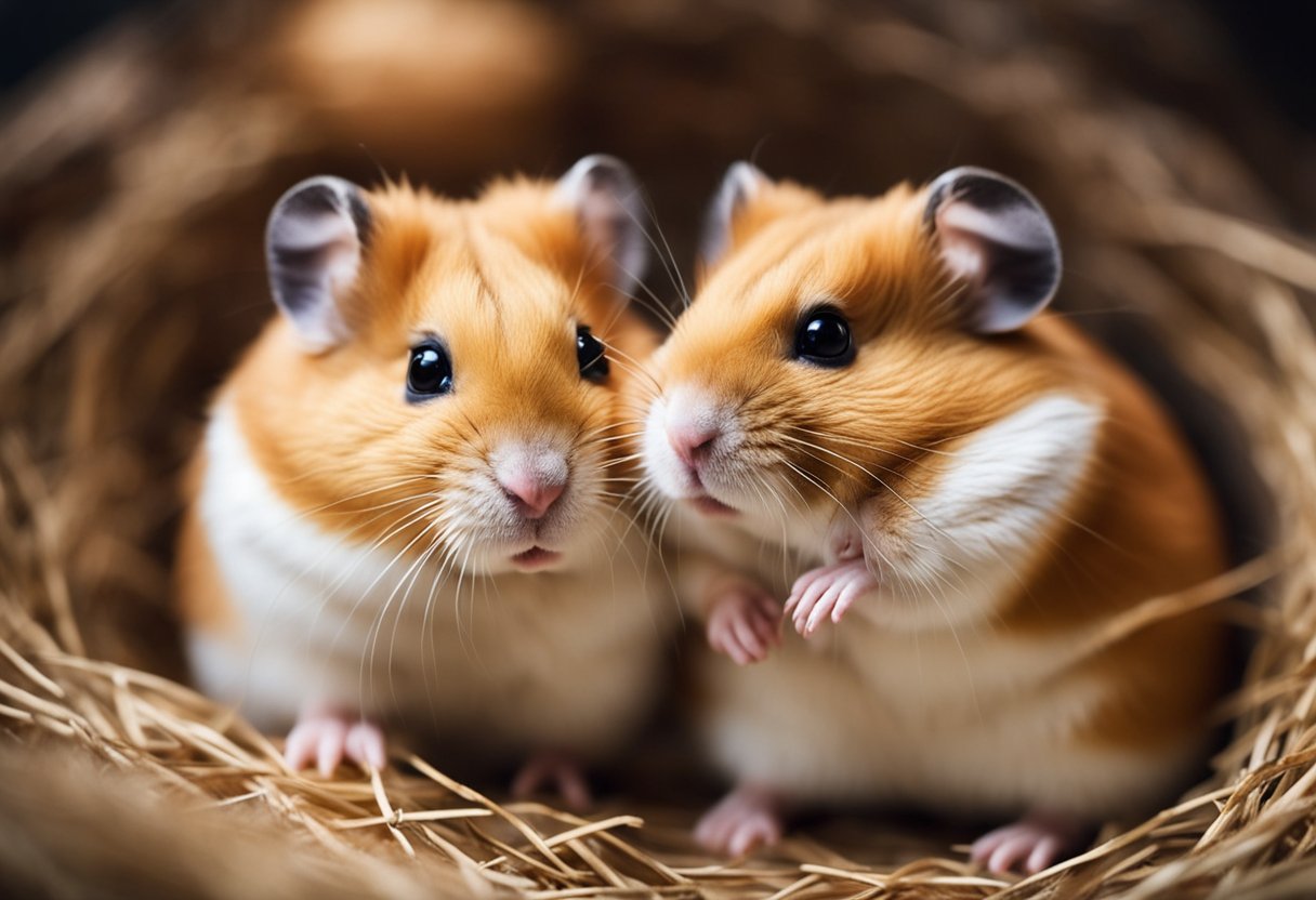 A hamster nuzzles and grooms its cage mate, while sharing food and snuggling together in their cozy nest