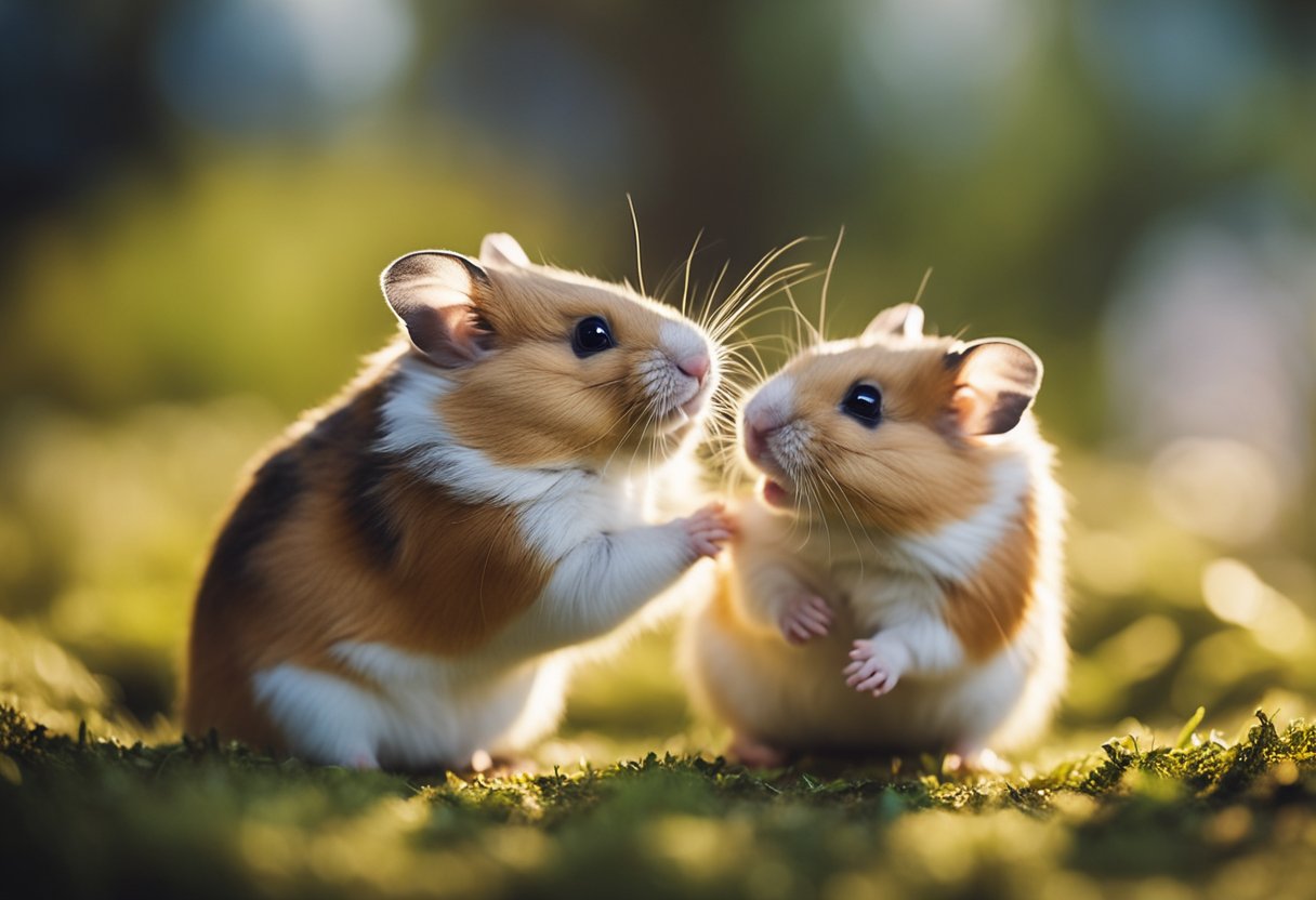 Two hamsters nuzzle each other's cheeks, their noses twitching with affection. They groom each other's fur, chirping softly in contentment