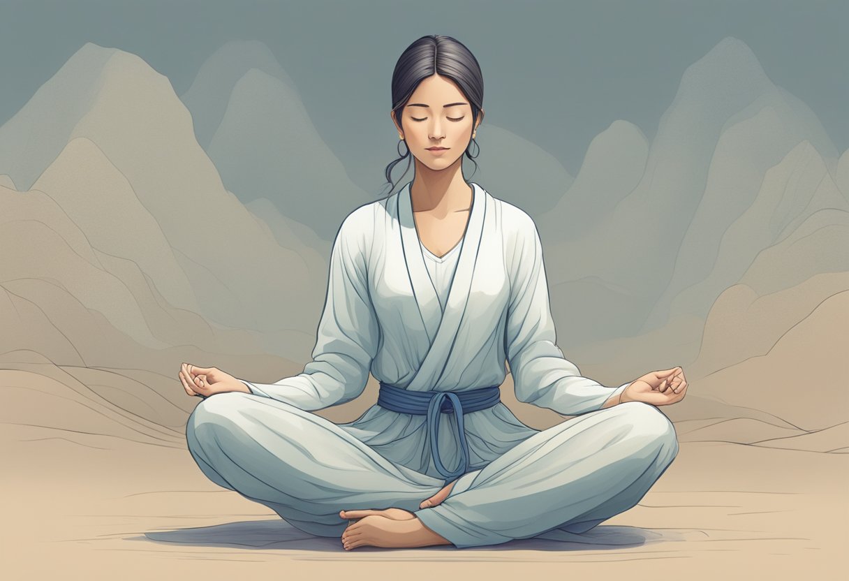 A serene figure sits cross-legged, surrounded by two paths. One path is filled with gentle, flowing movements and stretches, while the other is marked by stillness and deep breathing