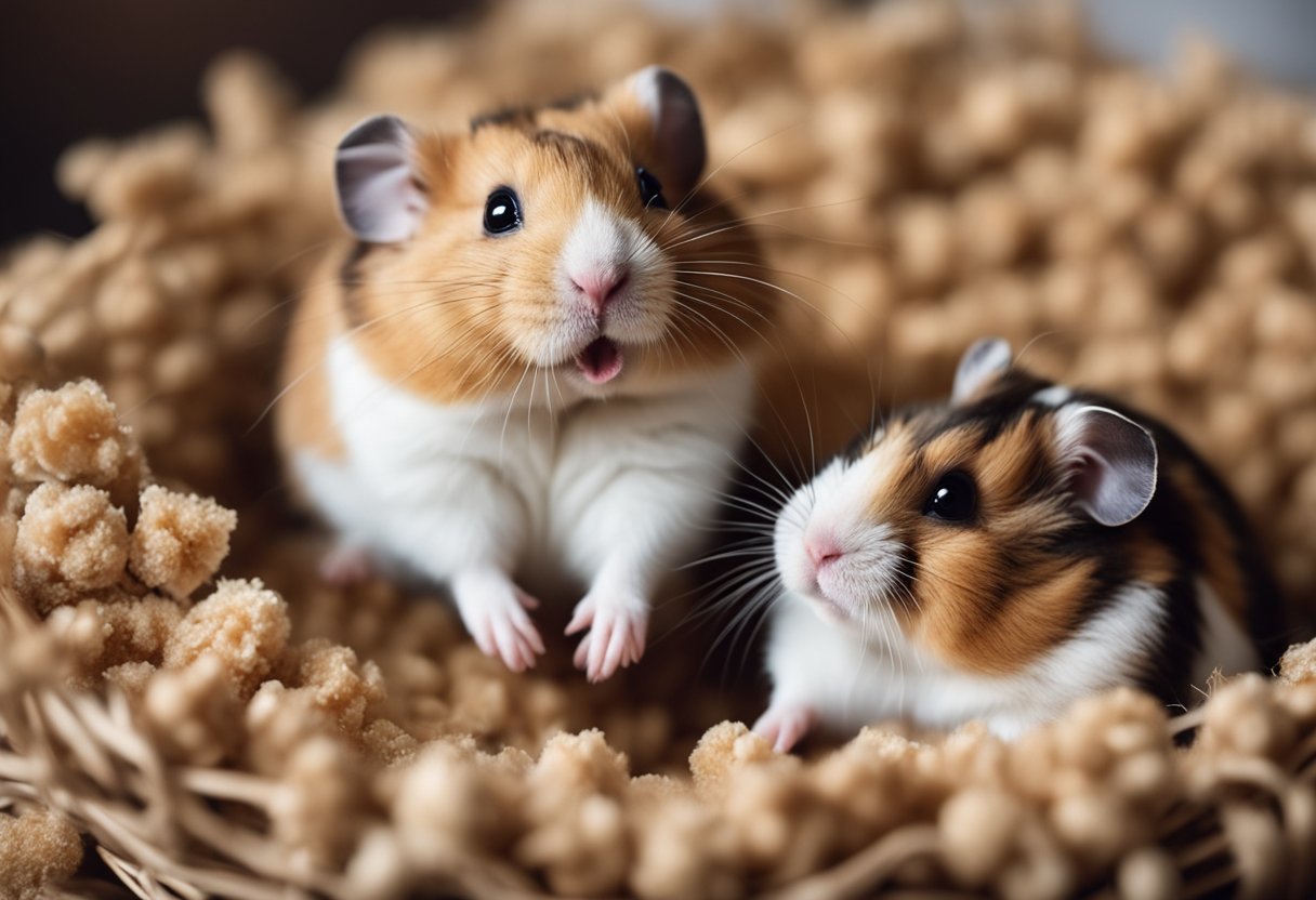 A hamster nuzzles its owner's cheek, while another curls up in a cozy nest of bedding with a heart-shaped treat nearby