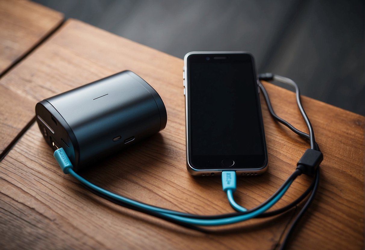 A power bank connected to a smartphone, providing a charge